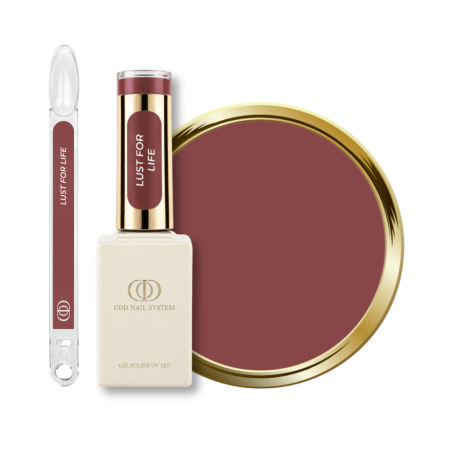 Flacon, tips et pastille du vernis semi permanent Lust For Life, violet marroné