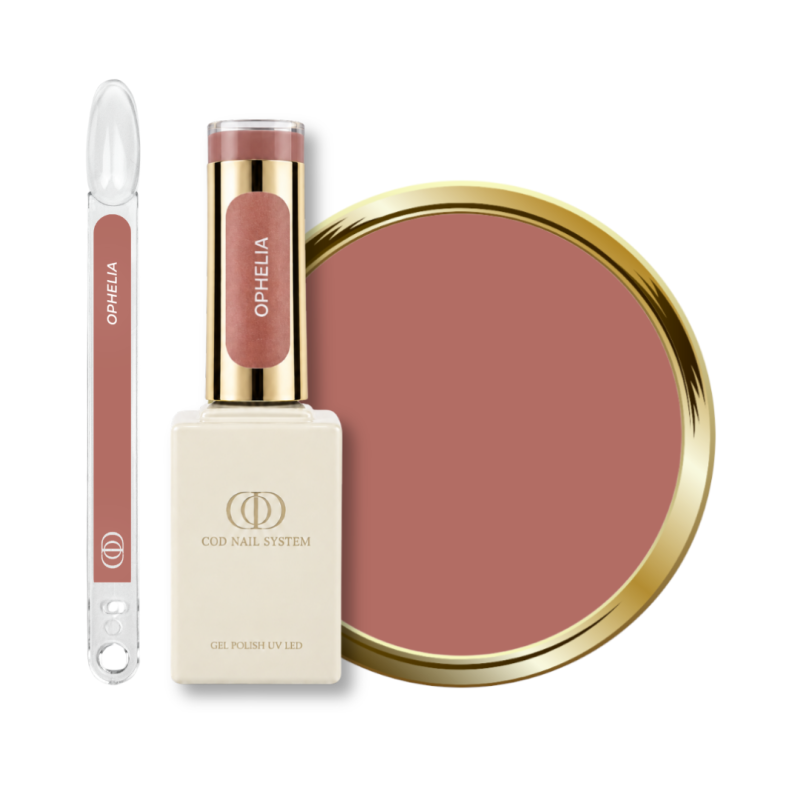 Flacon, tips et pastille du vernis semi permanent Ophelia, marron bois de rose