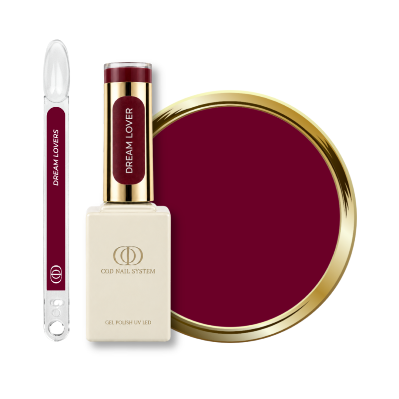 Flacon, tips et pastille du vernis semi permanent Dream Lover, rouge cerise