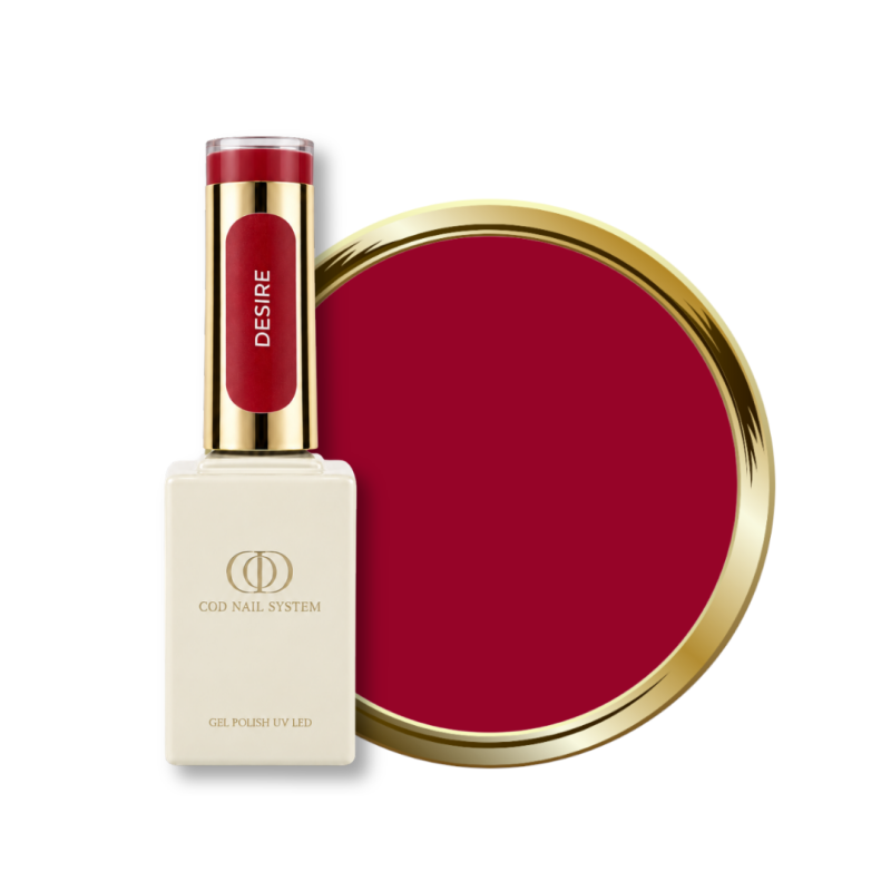 Flacon et pastille du vernis semi permanent Desire, rouge avec une pointe de rose