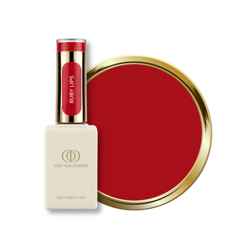 Flacon et pastille du vernis semi permanent Ruby Lips, rouge