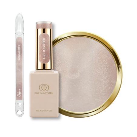 Flacon, tips et pastille du vernis semi permanent Cat Eye Highlighter, nude beige rosé aux reflets argentés