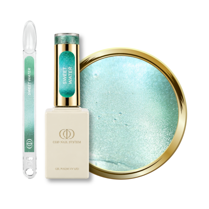 Flacon, tips et pastille du vernis semi permanent Cat Eye Sweet Water, vert turquoise