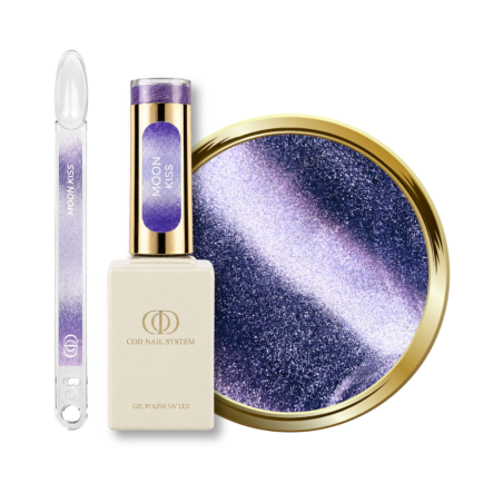 Flacon, tips et pastille du vernis semi permanent Cat Eye Moon Kiss, violet pastel argenté