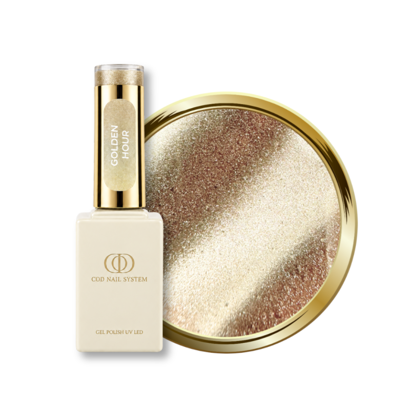 Flacon et pastille du vernis semi permanent Cat Eye Golden Hour, sable doré argenté