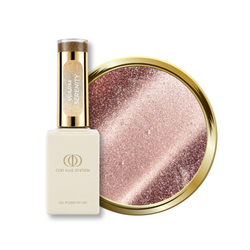 Flacon et pastille du vernis semi permanent Cat Eye Warm Serenity, rose gold