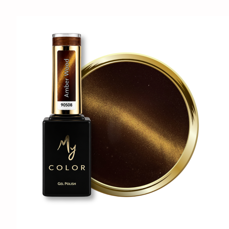 Flacon et pastille du vernis semi permanent Cat Eye Amber Wood, marron camel doré soie