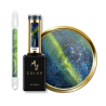 Flacon, tips et pastille du vernis semi permanent Cat Eye Maia, vert bleu doré