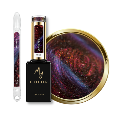 Flacon, tips et pastille du vernis semi permanent Cat Eye Antares, rouge violet rosé