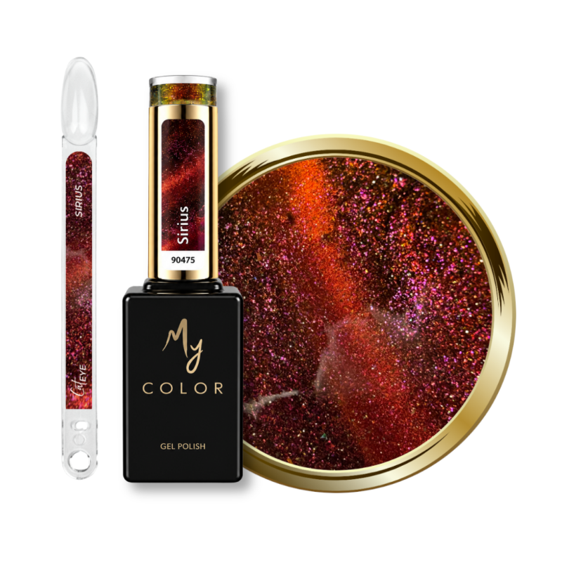 Flacon, tips et pastille du vernis semi permanent Cat Eye Sirius, rouge cuivré