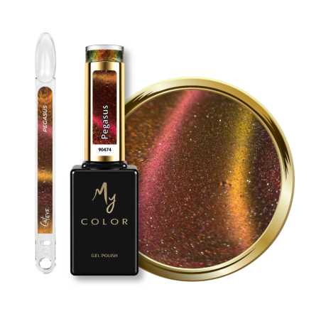 Flacon, tips et pastille du vernis semi permanent Cat Eye Pegasus, cuivré doré rosé