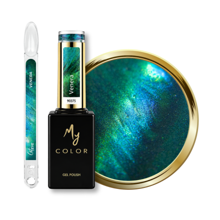 Flacon, tips et pastille du vernis semi permanent Cat Eye Venera, 9D caméléon vert et bleu