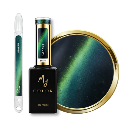 Flacon, tips et pastille du vernis semi permanent Cat Eye Genesis, 9D caméléon vert et bleu