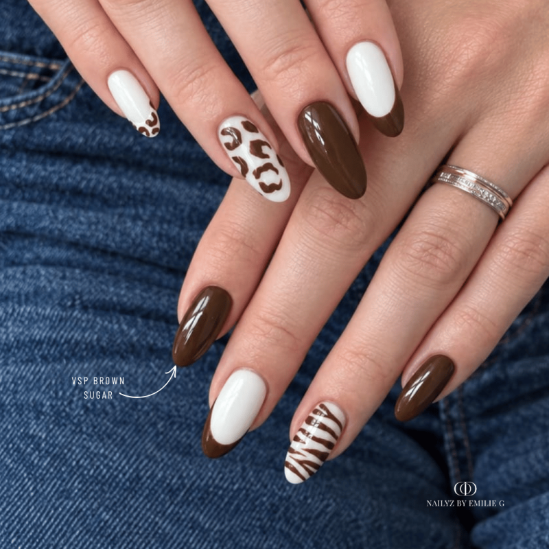 Pose d'ongles en amandes avec le vernis semi permanent Brown Sugar, marron chaud