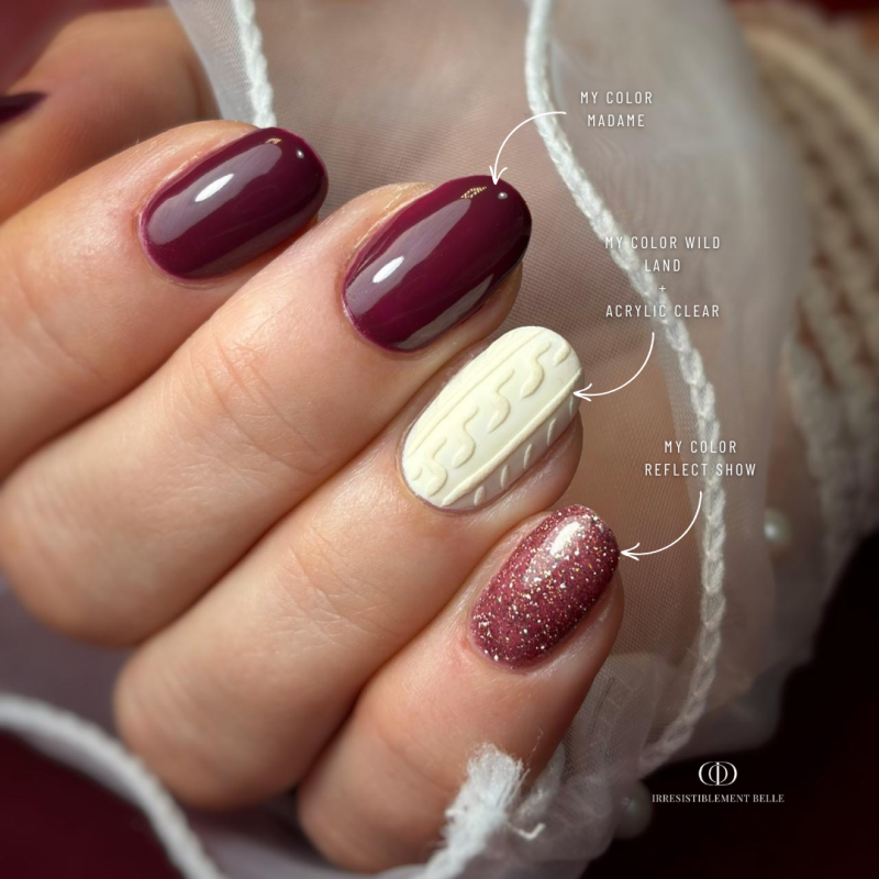 Pose ovale avec le vernis semi permanent Madame, bordeaux violine foncé